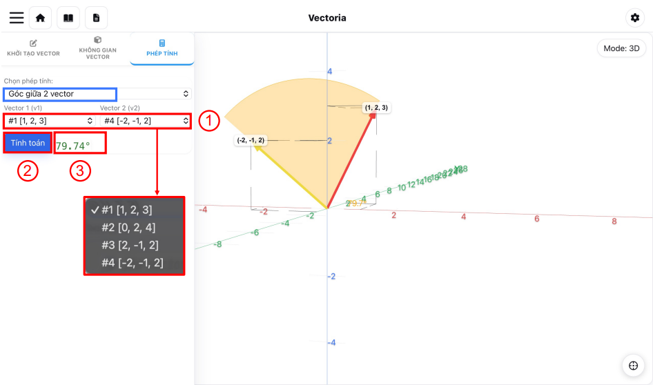 Thực hiện Phép tìm góc giữa 2 vector