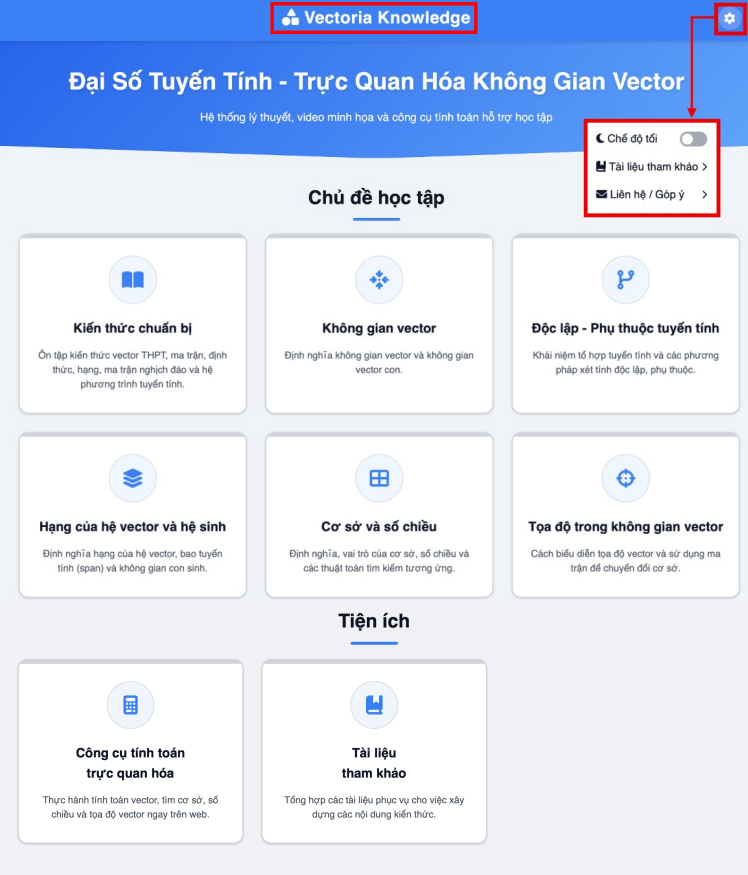 Giao diện trang tổng quan kiến thức
